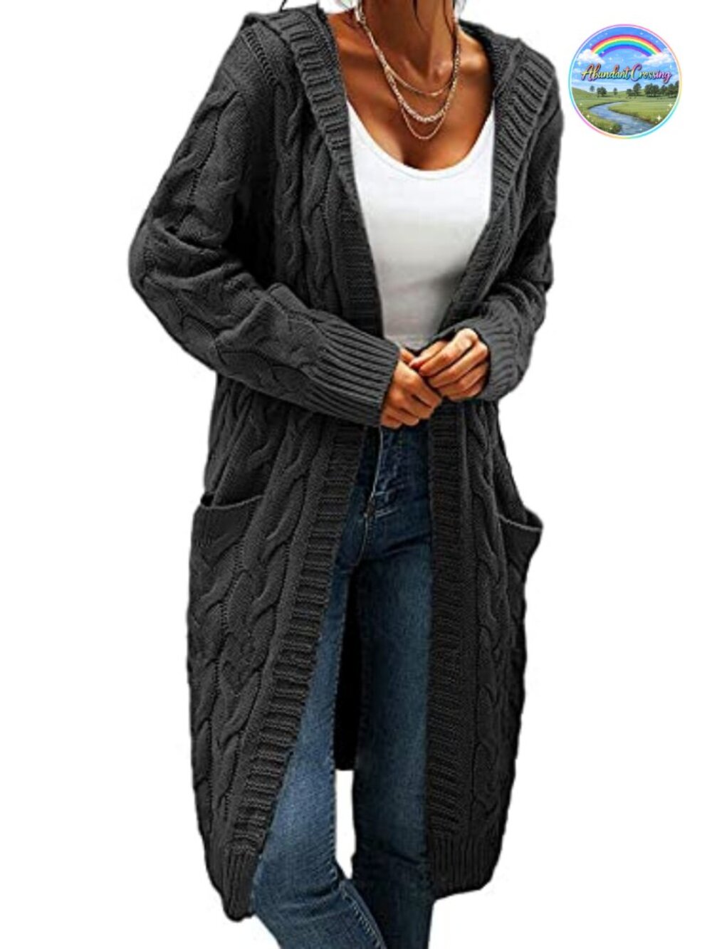 Women's Cable Knit Long Sleeve Open Front Cardigan with Pockets, Cozy Casual